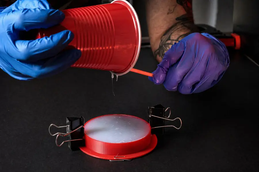 Vertiendo resina en un molde de silicona hecho en el taller